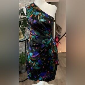 London Times Black and Blue One Shoulder Cocktail Dress